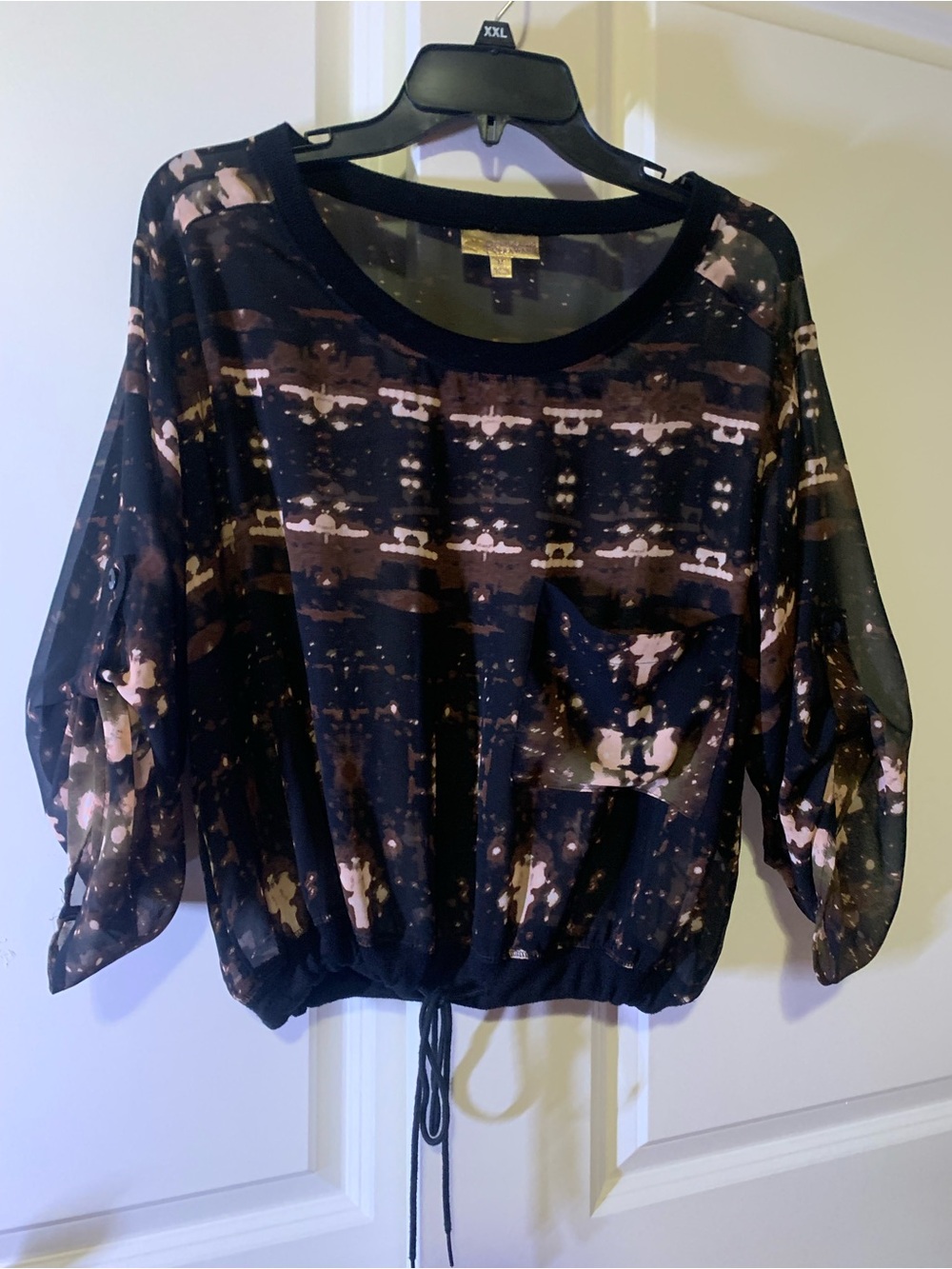 princess vera wang Black Sheer Drawstring Blouse with Brown and Pink Pattern